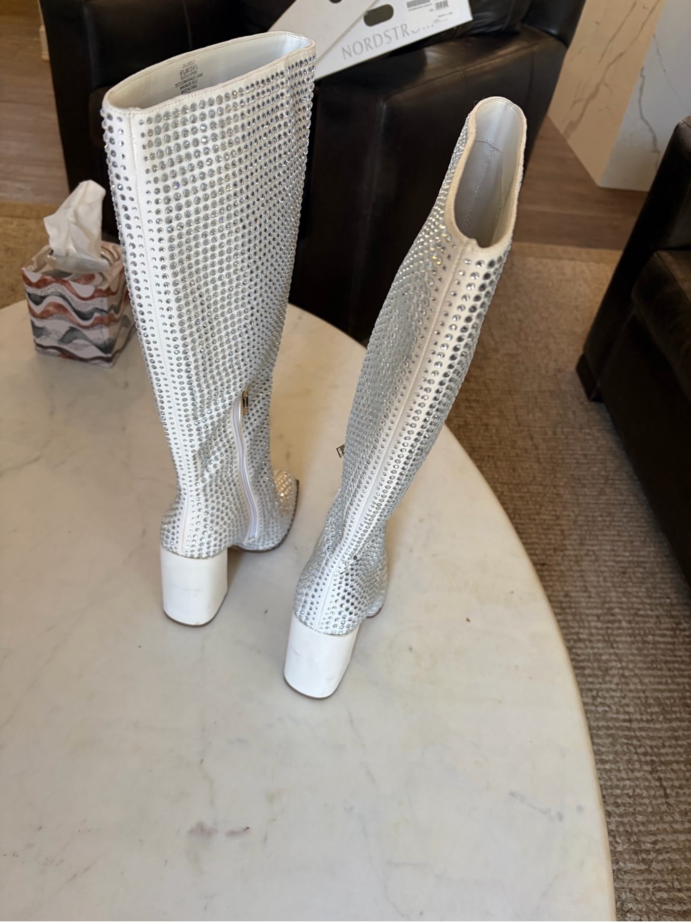 Jessica Simpson White Crystal Knee-High Block Heel Boots